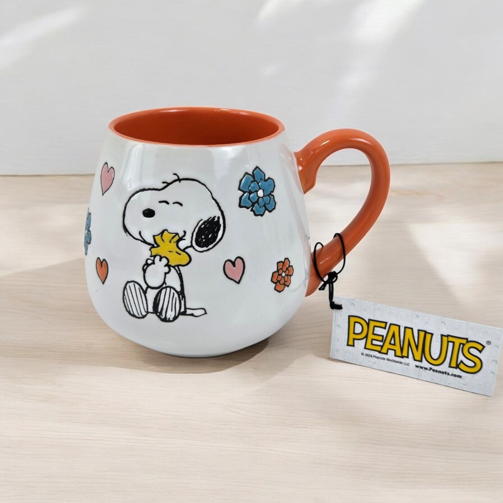 PEANUTS Snoopy & Woodstock Hugging Orange Mug w Hearts & Flowers 2024 20 oz NWT